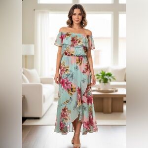 Express Floral Off Shoulder Maxi Dress High Low Hem Size S Excellent Condition
